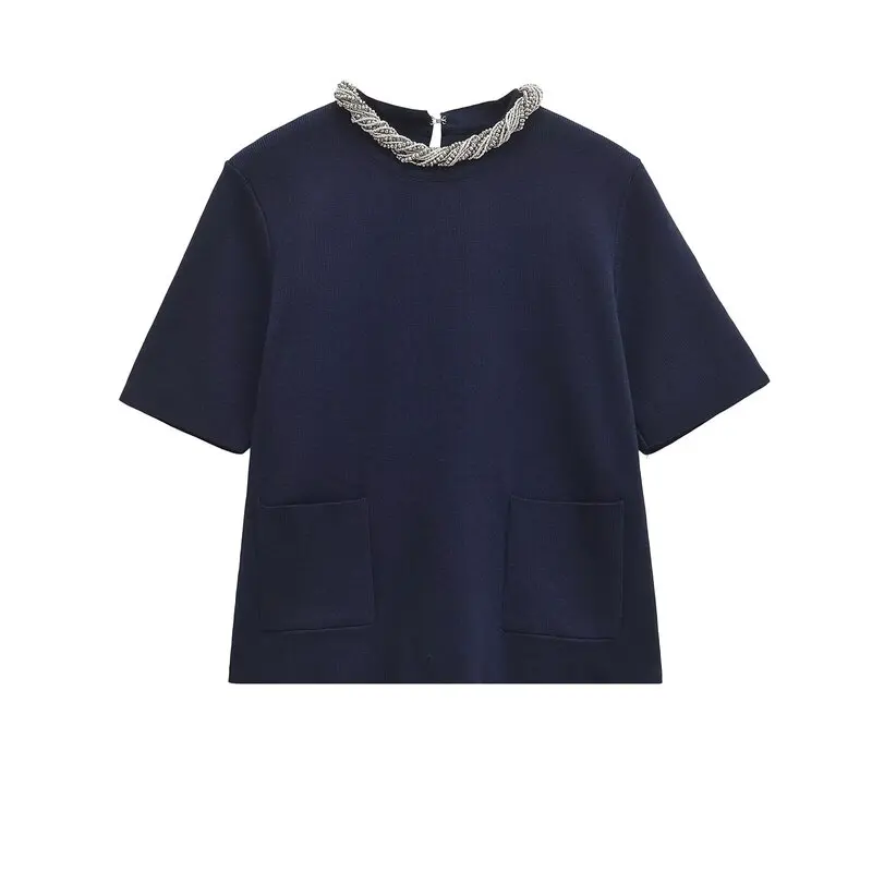 

2024 Autumn New Women's round Ne ort Sve Flat Needle Top Beaded Collar Versatile Comfortable Commute Sle Knitted Swe...
