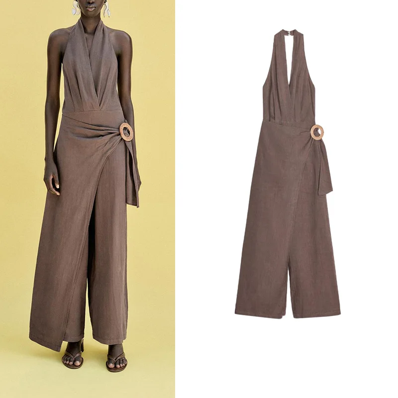 

Summer New Women's Rer Long Wide Leg Pants High Waist Polyester Fiber Blend Linen Ne Hanging Button Decorated Commute Sle