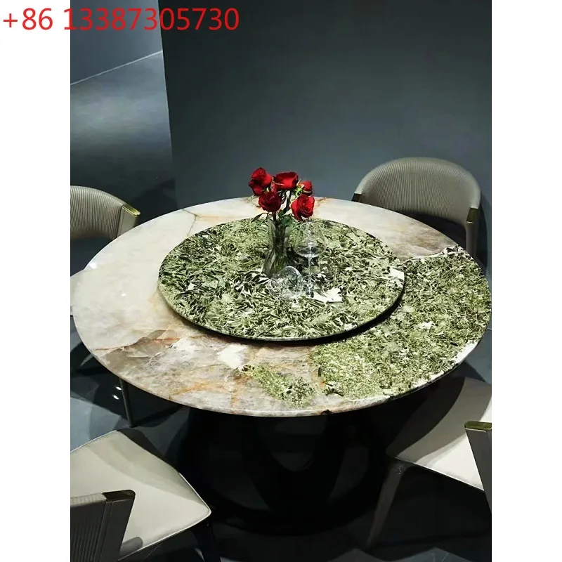 Natural marble green diamond luxury stone round dining table Italian household round table with turntable