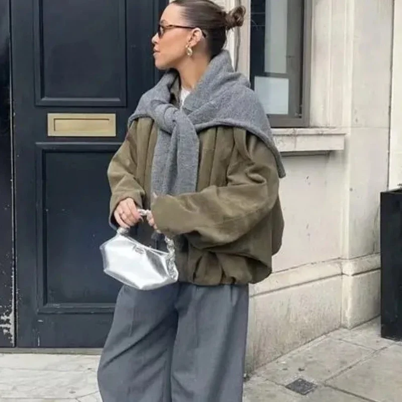 Stylish Bomber Jacket Women's Round Neck Zipper Button Long Sleeves Splicing Coat 2025 New Autumn Daily Commuting Outfit