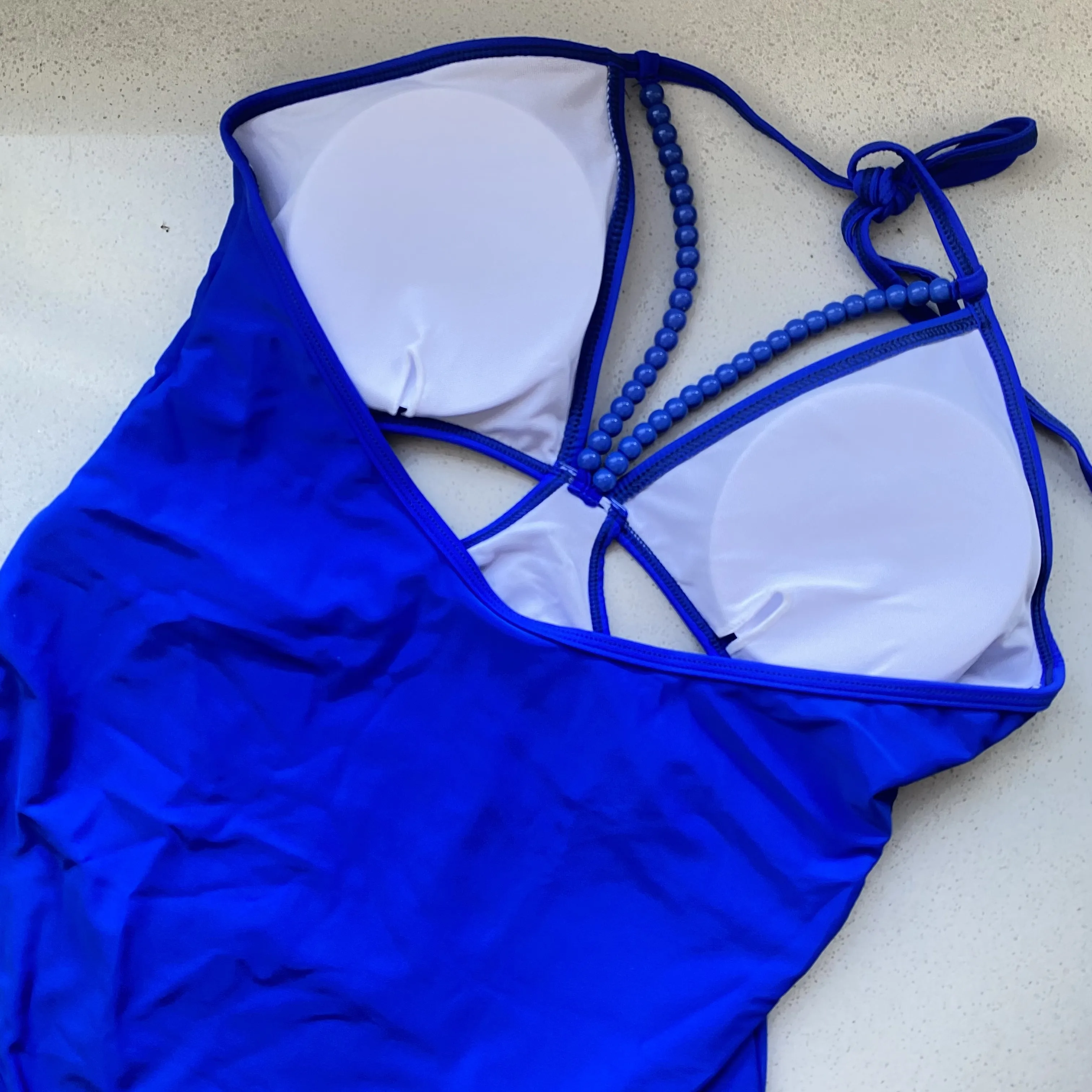 2023 Women Bead Chain Bikini Royal Blue One Piece Swimwear Sexy V-neck Hollow Monokini High Waist Backless Beach Swimsuit