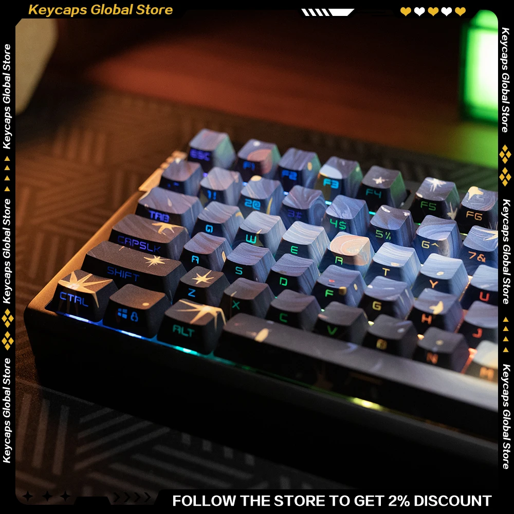 

Набор клавишных колпачков с боковой гравировкой «Звездное небо», полупрозрачный PBT, пятисторонняя сублимационная OEM-индивидуальная художественная клавиатура для механической клавиатуры