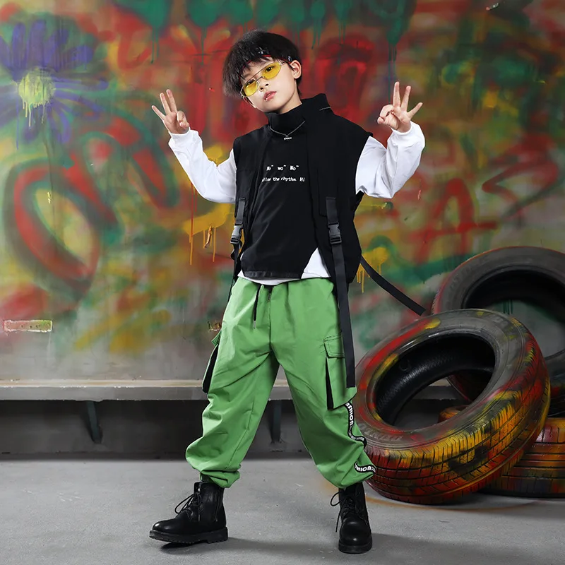 Boys Hip Hop Vest Sweatshirt Cargo Pants Girls Street Dance Clothes Sets Child Jazz Joggers Kids Streetwear Performance Costumes