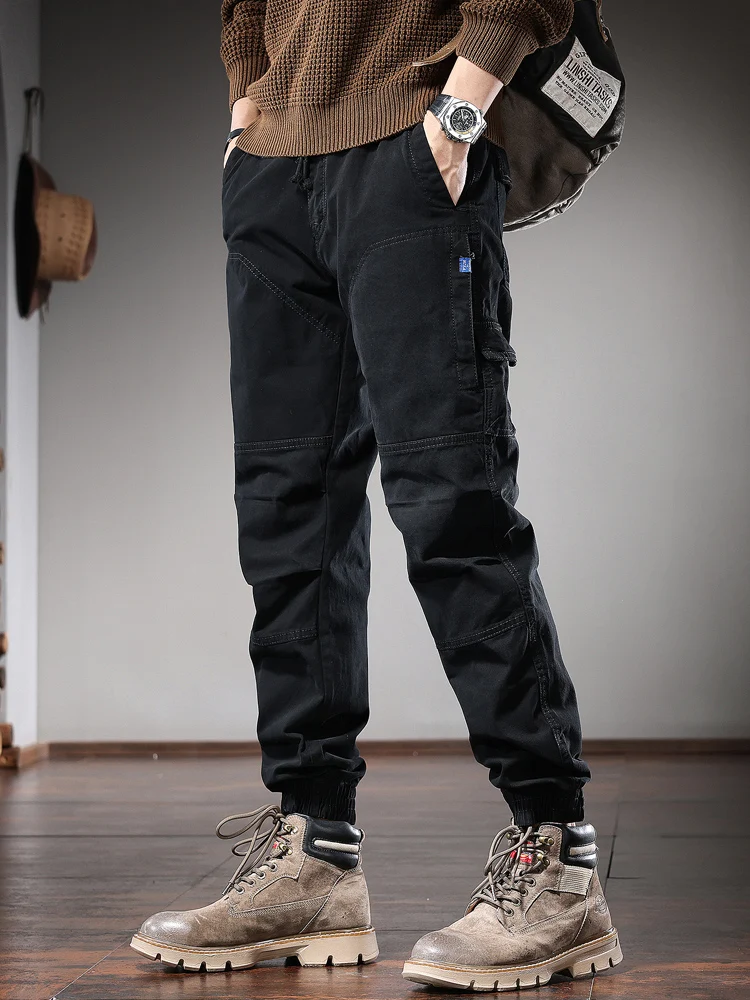 Autumn Cotton Casual Pants Men Tactical Cargo Pants Fashion Slim Fit Elastic Waist Drawstring Trousers