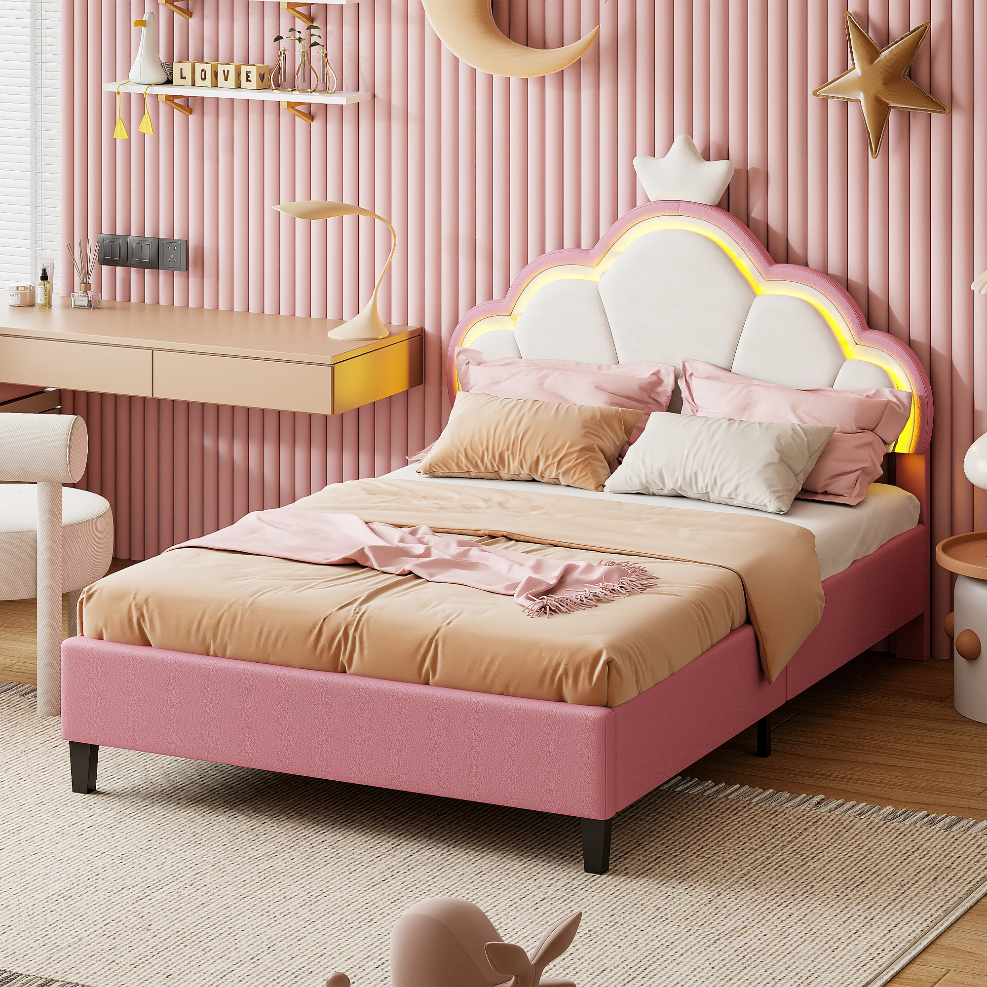 Kinderbett, Mädchen-Einzelbett, Doppelbett, Kronenförmiges Prinzessinnenbett, 90 x 200 cm/140 x 200