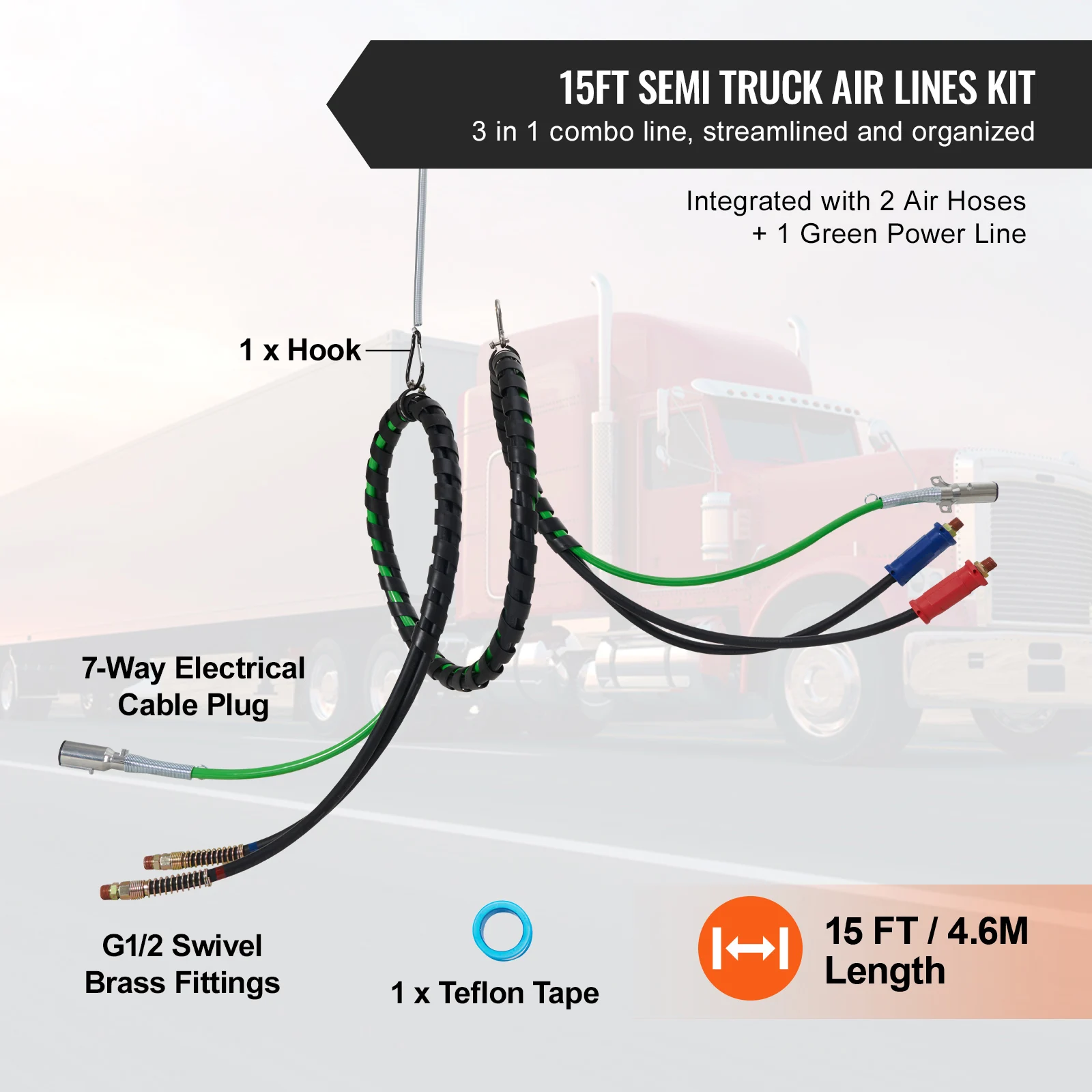 SucceBuy Semi Truck Air Lines Kit 3-in-1 Air Hoses&ABS Power Line Plug Electrical Cord Cable&Rubber Air Lines Hose Assembly Kit
