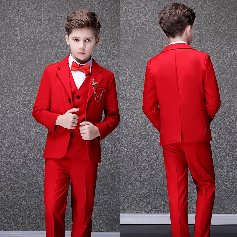 Children Jacket Vest Pants Bowtie 4PCS Photograph Suit Flower Boys Red Wedding Suit Teenager Tuxedo Dress Kids Birthday Costume