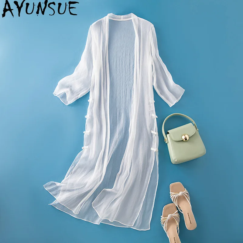 

AYUNSUE 100% шелковая солнцезащитная одежда для женщин, тонкие летние топы средней длины, стильное струящееся пальто-шаль, женская одежда Ropa De Mujer
