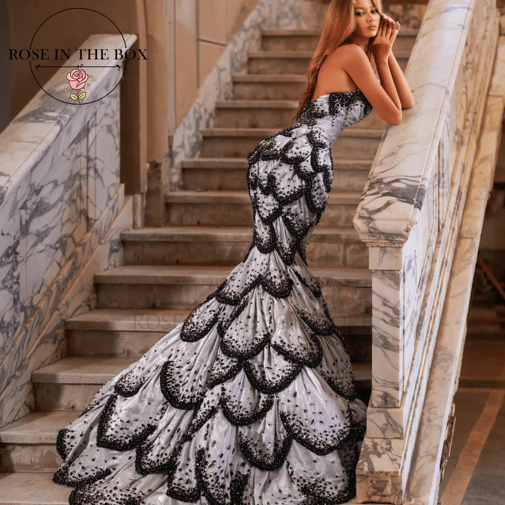 ROSEINTHEBOX Customized Silver Strapless Mermaid Evening Dresses with Black Beaded Layered Ruffled Formal Luxury Galas Dresses