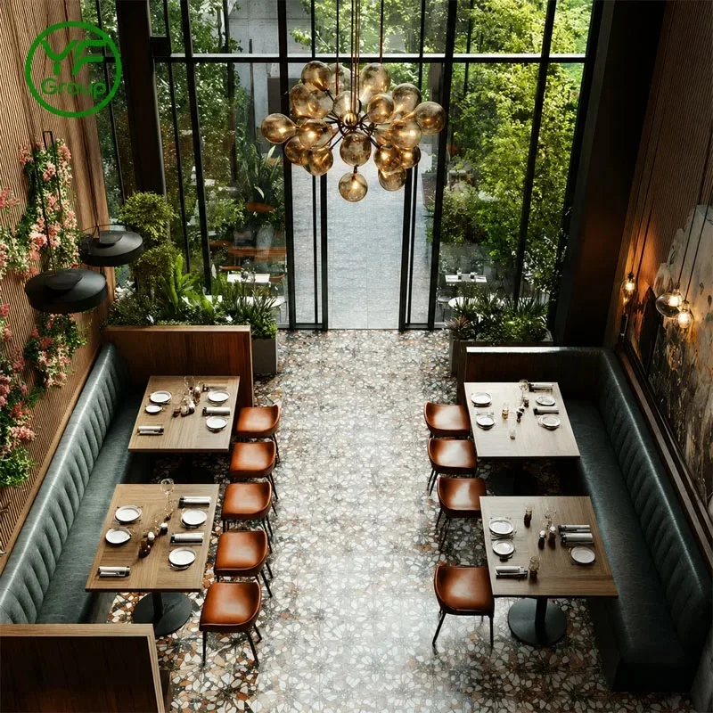 Custom Luxury Restaurant Furniture Booth Seating Banquette with Wooden Tables and Upholstered Chairs for Coffee Shop bar