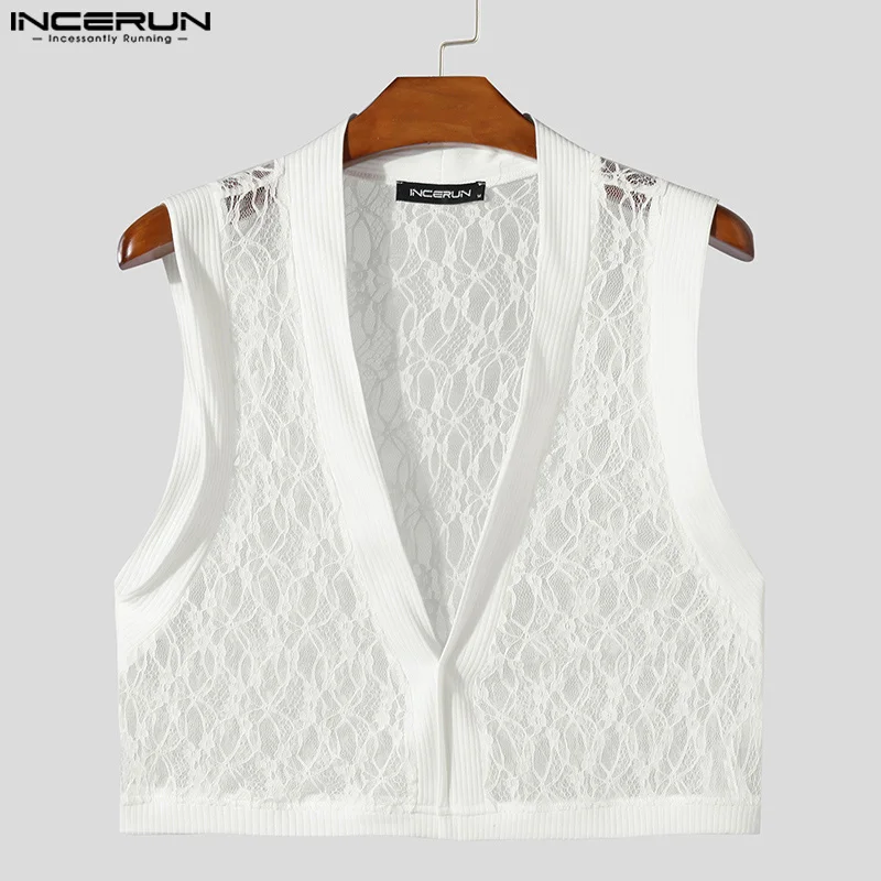 INCERUN Y-2024 Style américain Hommes D'été Mode Courte Dentelle Maille Patchwork Gilets Sexy Mâle Fine fibrprecious Y-S-5XL