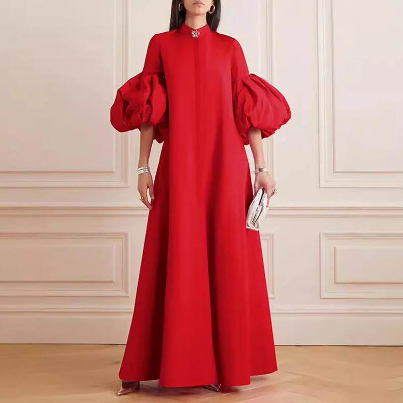 New Stand Collar Party Dresses Woman Elegant Luxury Spring Half Lantern Sleeve A-Line Long Dress Autumn Solid Floor-Length Dress