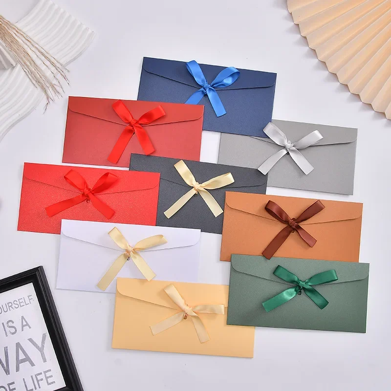 10pcs 22x11cm Thick Paper Envelopes with Ribbon for Greeting Gift Card Packaging Gold Red Green Color Wholesale