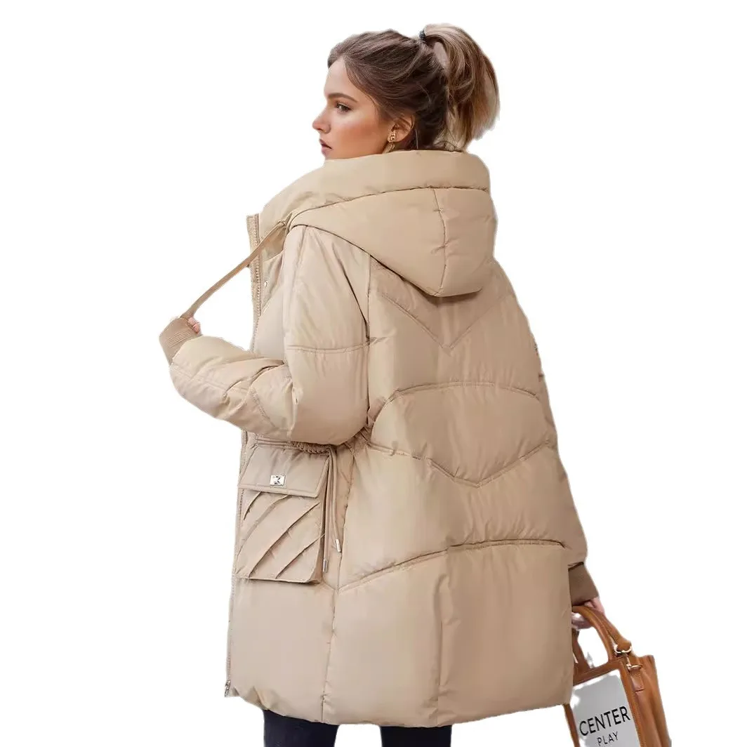 Chaqueta con capucha de Color puro para mujer, parka cálida de algodón grueso con 2 bolsillos, ropa informal para invierno, 2024