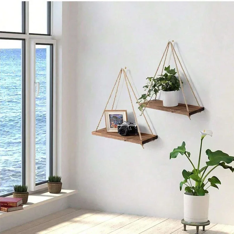 2pcsWooden Swing Hanging Hemp Rope Wall Shelve Mounted Floating Home Living Room Plant Flower Pot Tray Storage Garden Decoration