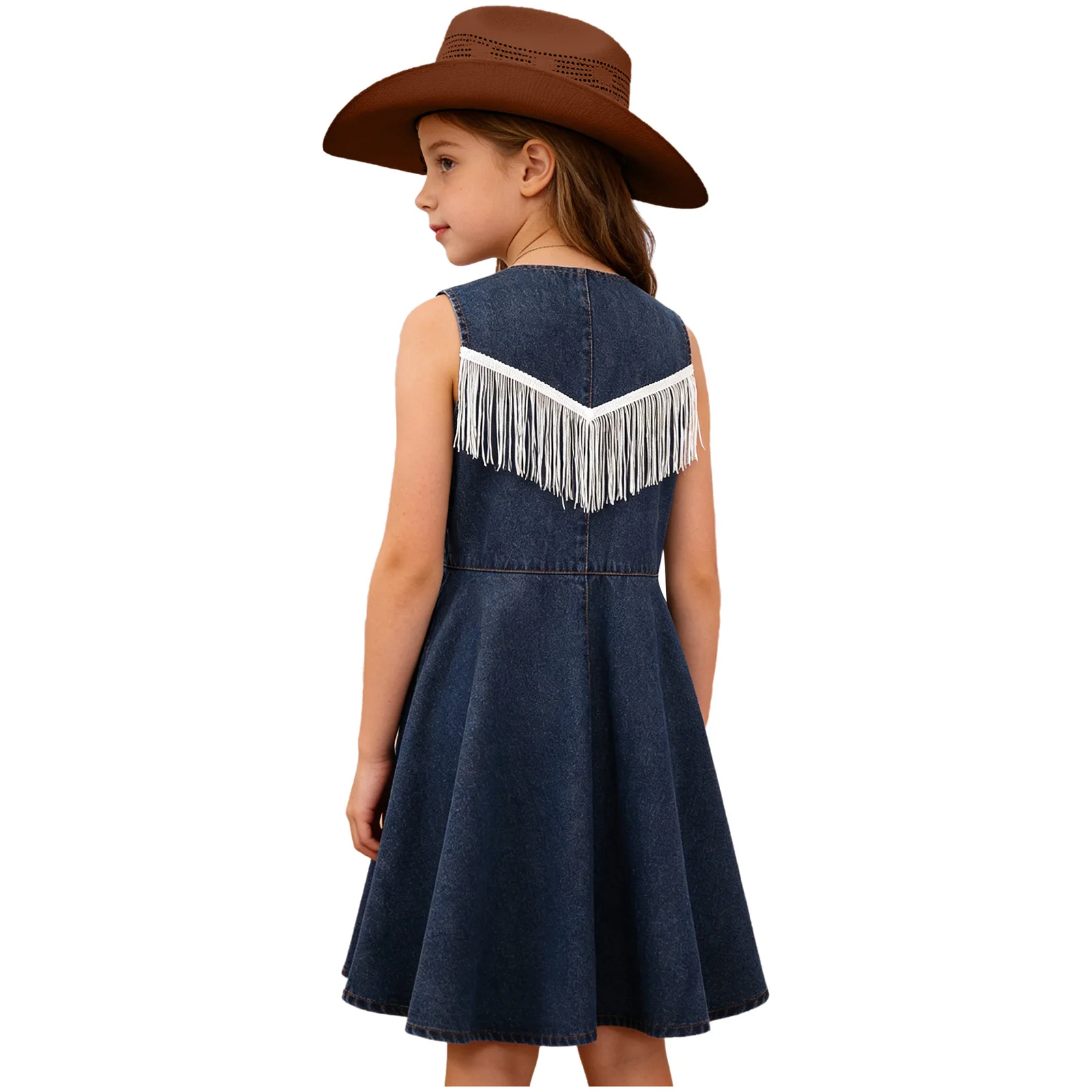 

Western Cowgirl Costume Kids Girls Sleeveless Button Tassel A-Line Denim Dress Halloween Birthday Cowboy Party Fancy Dress Up