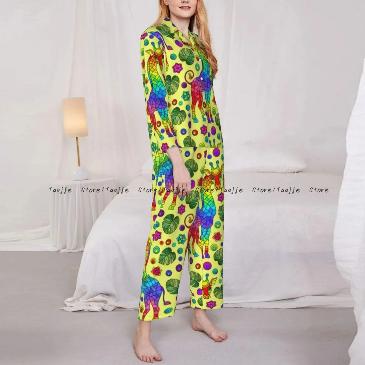 Women's Pajamas Long-sleeved Girl Loungewear Two-piece Set Giraffs Rainbow Animals Flowers And Leaves Pajamas for Autumn Spring