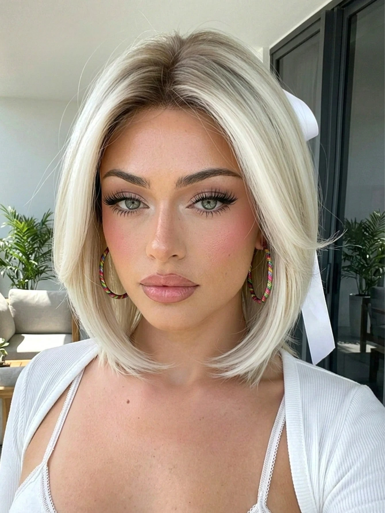 12-inch Women's Short Straight Bob Wig with White Highlights and Dark Roots, Suitable for Cosplay and Daily Wear