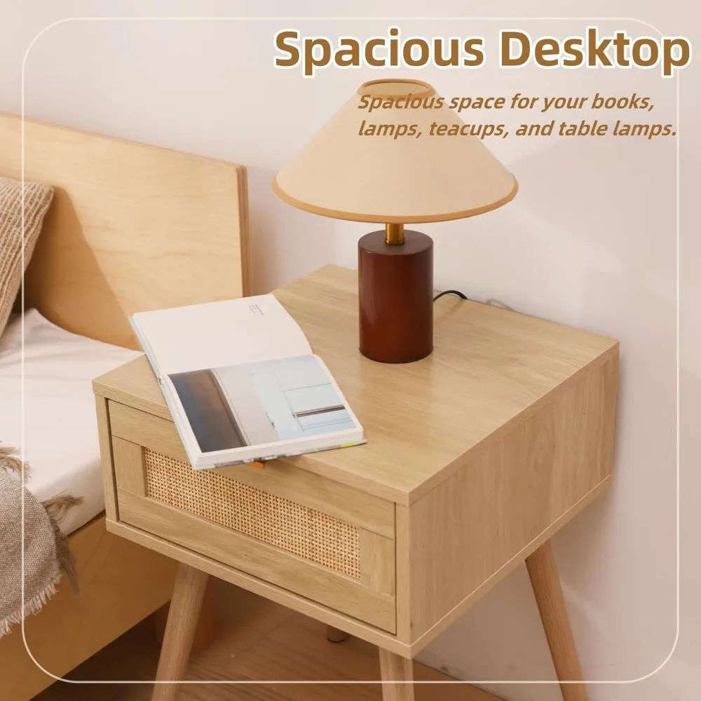 زوج من طاولات الليل الروطان، طاولات جانبية على الطراز البوهيمي مع أدراج، تصميم حديث لمنتصف القرن، طاولات خشبية ذات أطراف أرجل لغرفة النوم