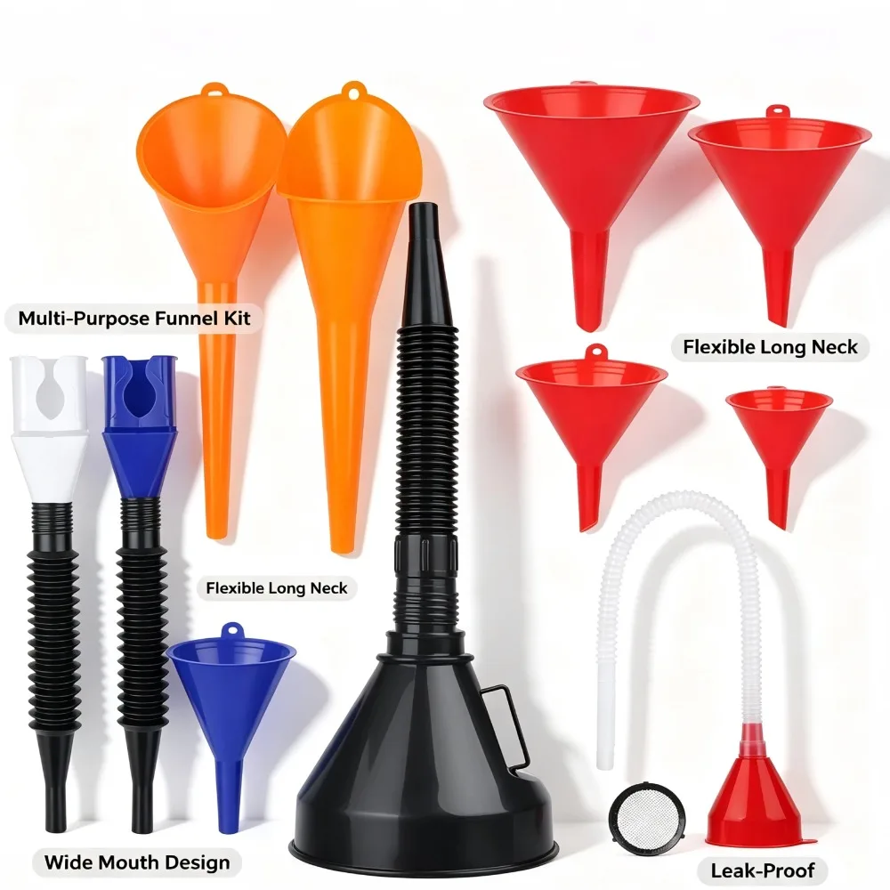 Car Plastic Funnel Set Universal Flexible Long Neck Wide Mouth Oil Fuel Funnel Kit for Engine Oil Coolant Filling Tool