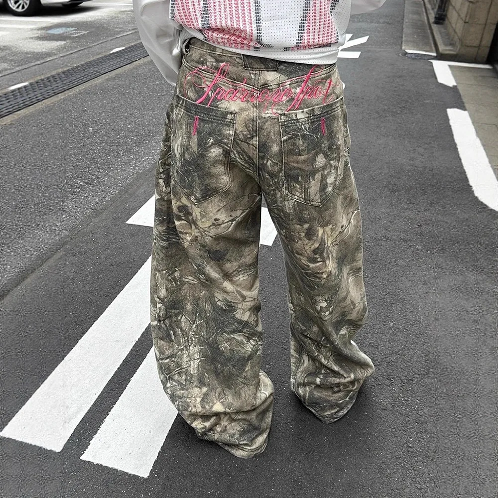 Retro Letter Embroidery Tree Branch Camouflage Casual Pants for Women Hip-hop Dance Jazz Slimming and Curved Knife Pants