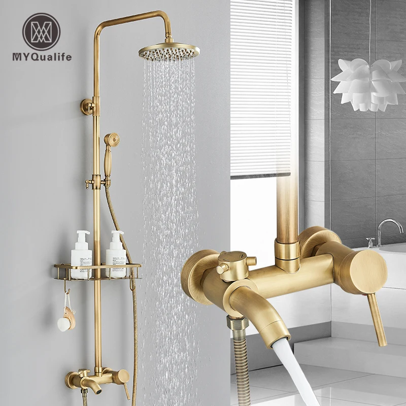 Ensemble de douche à effet de pluie en laiton Antique, salle de bains, robinet de douche en laiton, Kit de douche mural avec douchette