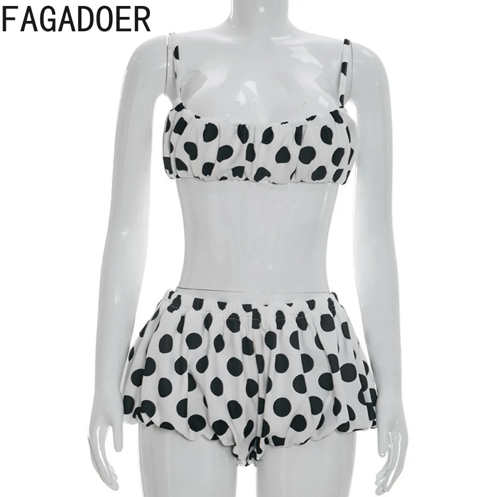 FAGADOER Retro Polka Dot Two Piece Sets Spaghetti Strap Ruched Crop Top + Bubble Puff Shorts Outfits Women Holidays Suits - Image 5