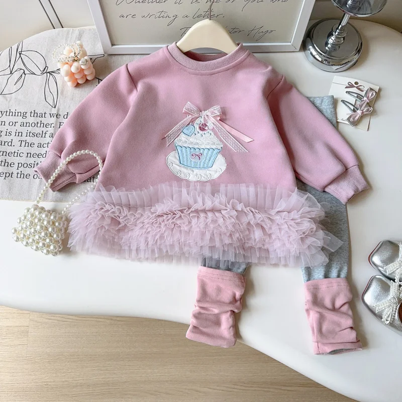 

Girls' Korean Style Set Spring and Autumn New Fashionable Mesh Sweatshirt Skirt and Leggings Two-Piece Set