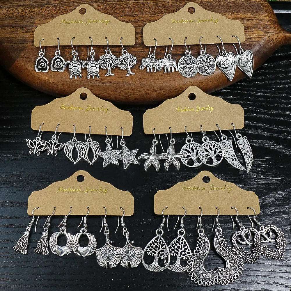 Ancient Silver Ethnic Style Earrings Sets Flowers Turtles Butterflies Elephants Leaves Embellishment Distinctive Gifts Party