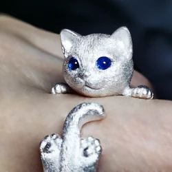 Cute Cat Ring Blue Eye Cat Silver Plated Gemstone Finger Ring Jewelry Gift Unique Fashion Rings Punk Opening Rings Adjustable