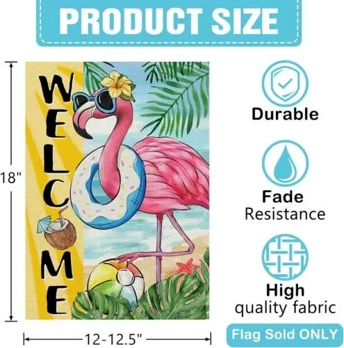 Welcome Summer Flamingo Decorative Garden Flag, Beach Coastal Swim Ring Tropical