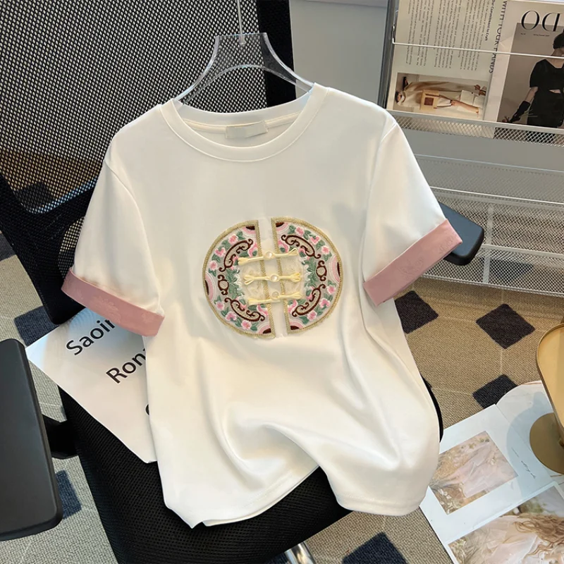 

Cotton Chinese Style Women's T-shirt Embroidery Tees Short Sleeve Slim Fit T Shirt O-neck Clothing Sales Summer Women Tops