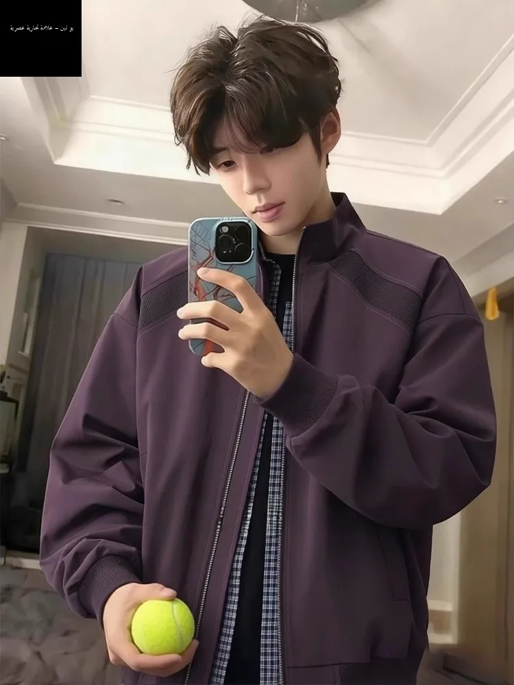 

Purple American Style Stand Collar Flight Jacket Men's Short Coat CleanFit Baseball Uniform Loose Fit Splice Zipper Sleeveless