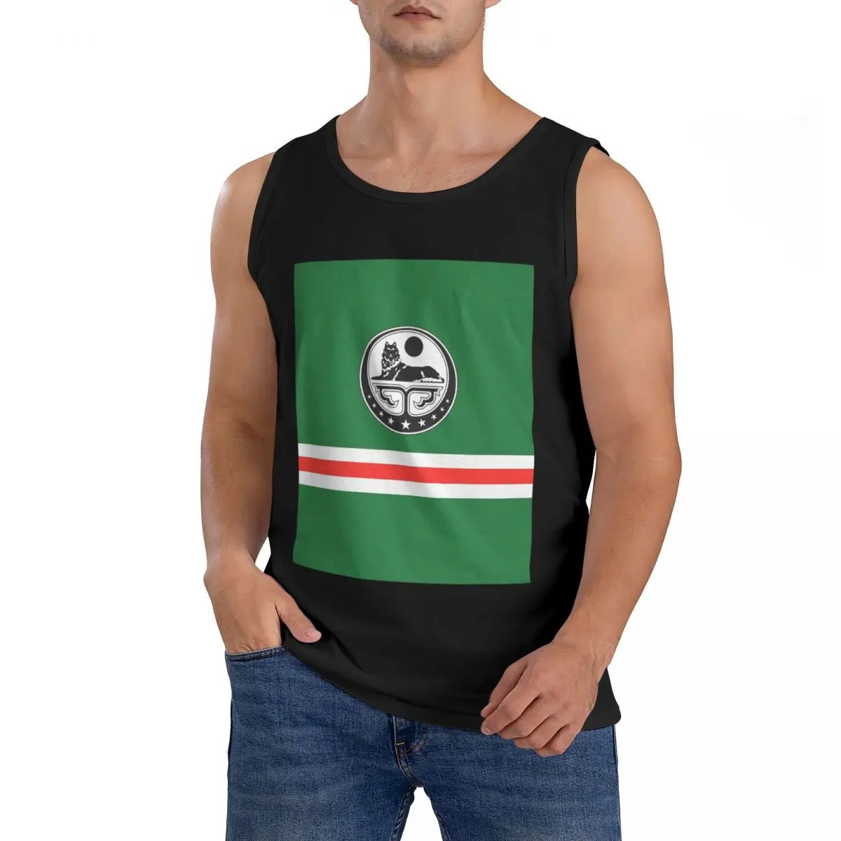 100% Cotton Chechen Borz Wolf Coat Of Arms Of Chechnya Sleeveless T-Shirt Men Workout Sports Clothing Tops Men's Crew Neck Vest