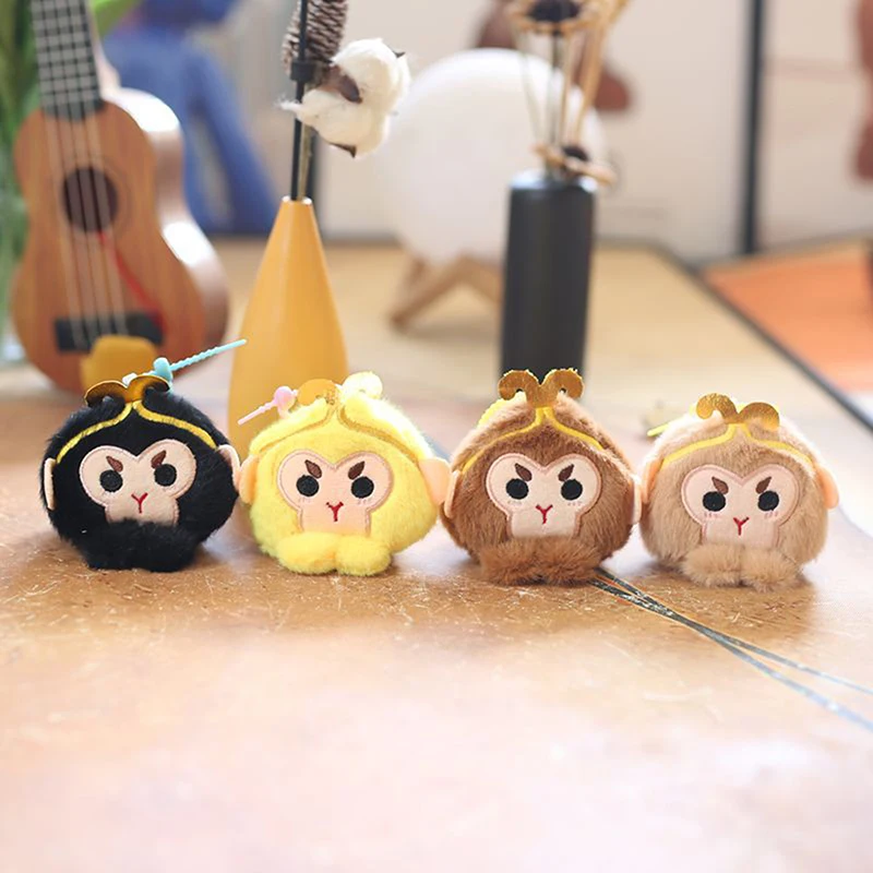 1PC Cute Wukong Head Keychain Cartoon Plush Stuffed Keyring Little Monkey Doll Book Bag Pendant DIY Accessories