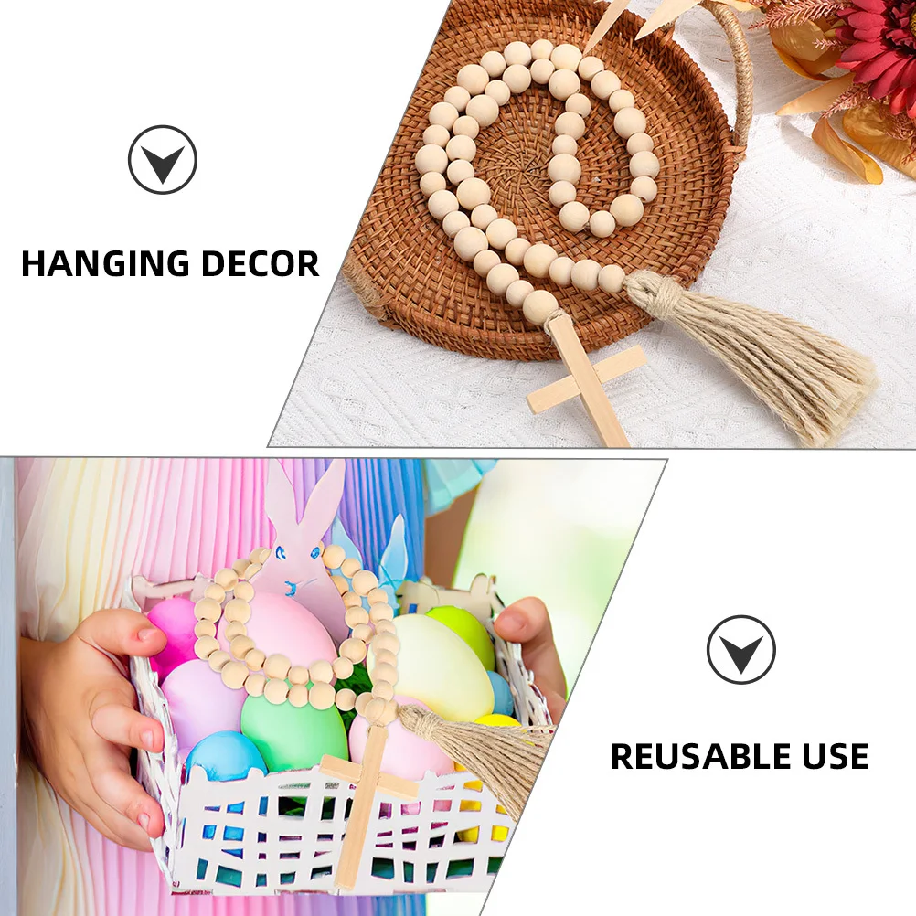 

2Pcs Beaded Garland Decor with Cross Pendant Natural Wood Beads String for Indoor Layout Table Decoration Photography Props