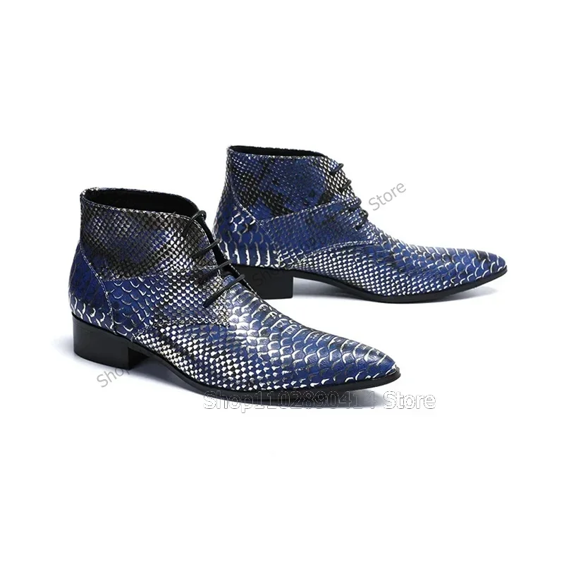 

Blue Fish Scale Print Pointed Toe Ankle Boots Fashion Lace Up Men Boots Luxury Handmade Party Feast Runway Pub Men Casual Shoes