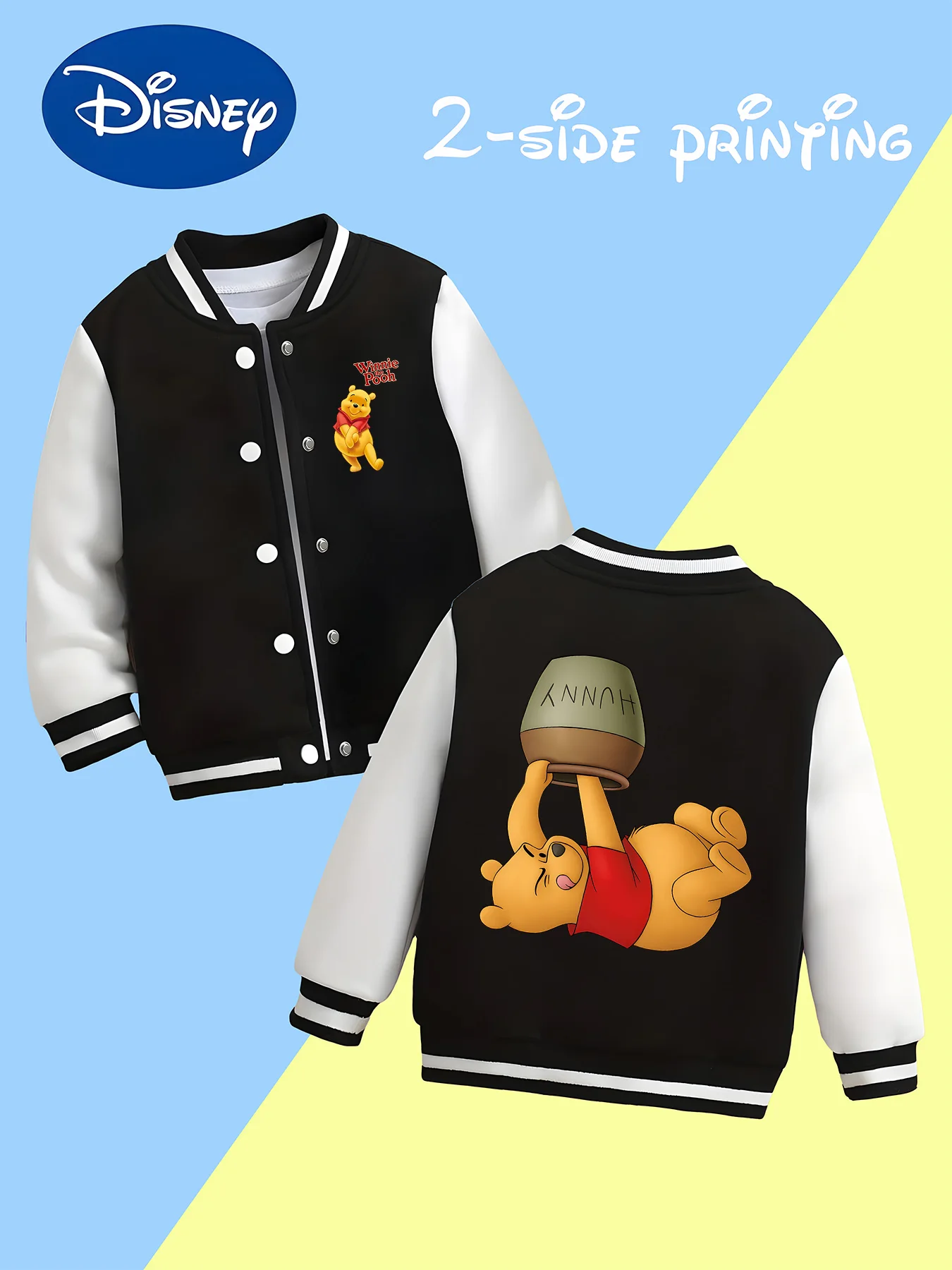 

MINISO Disney Boys' Baseball Jacket - Winnie the Pooh Honey Pot Double-Sided Pattern Sporty, Comfortable, Stylish, Versatile