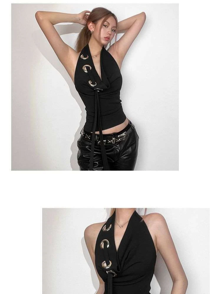 

Japanese subculture y2k Harajuku style hollowed out deep V-neck women's tank top summer American niche slim fit women's top