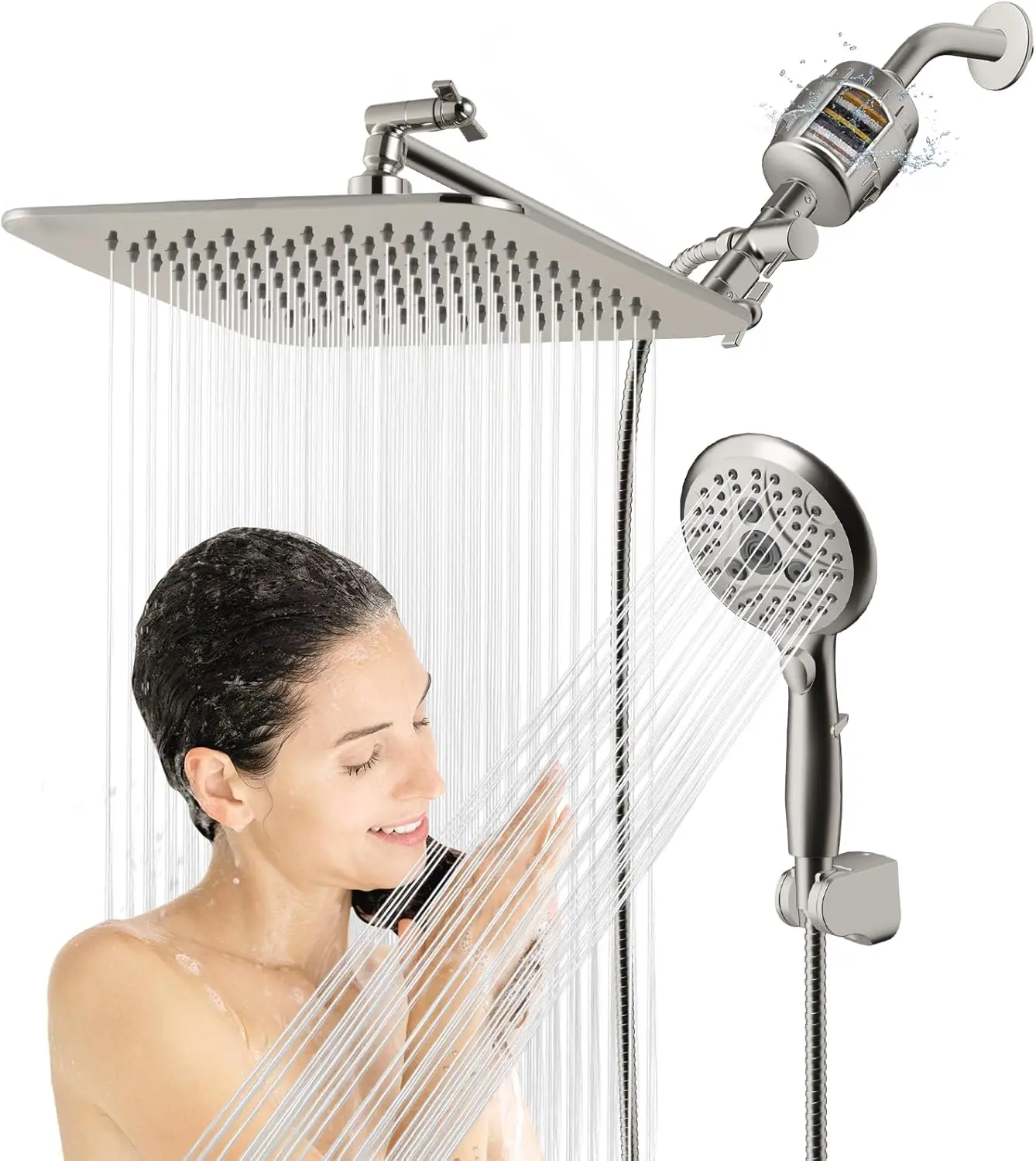 

10'' Dual Filter Shower Head with Handheld, 6 Spray Settings High Pressure Rainfall Combo, Adjustable Arm & Hose