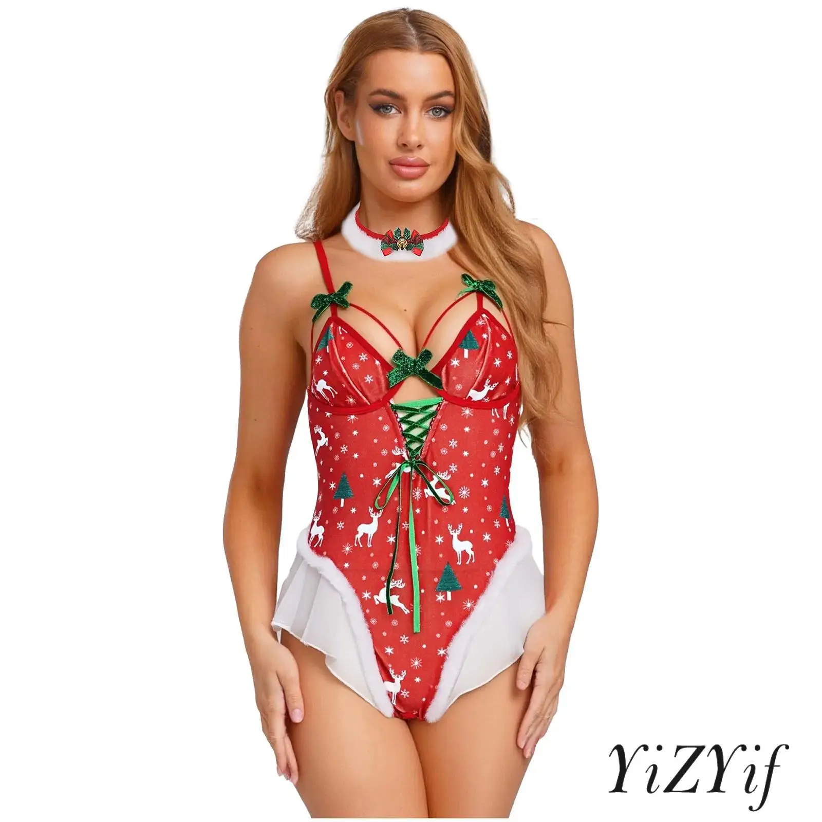 

Womens Christmas Nightwear Red-green Contrast Color Ruffled Mesh Trim Bodysuit with Choker 2 Pcs Xmas Eve Party Lingerie Costume