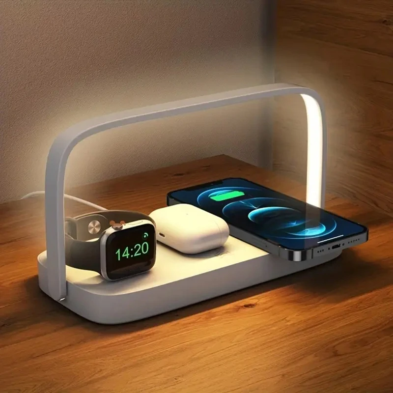 4-in-1 Wireless Charger Stand with LED Night Lamp - Multi-Function Charging Dock for 15/14/13 and Watch  -Miuai】