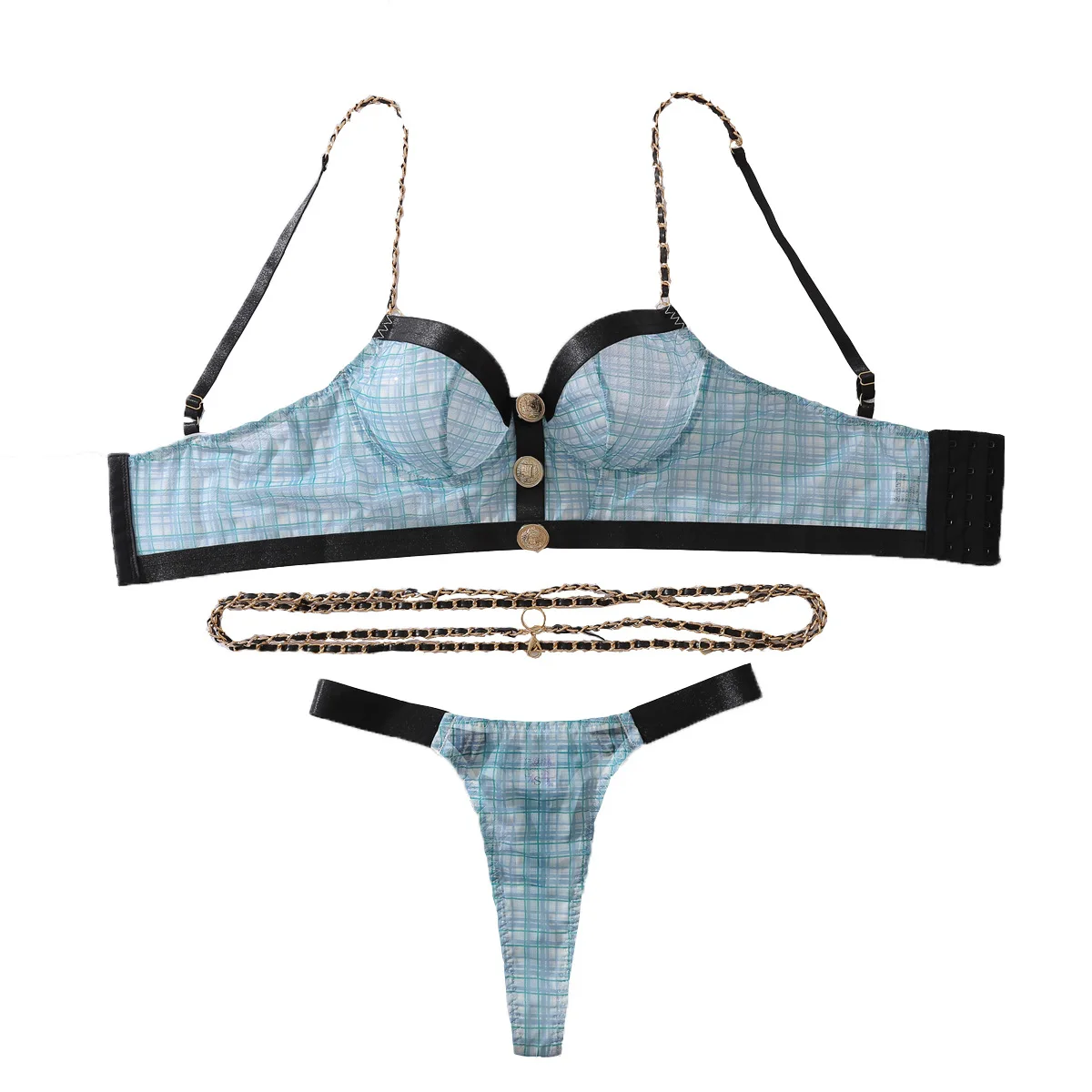 European and American spicy girl metal craft chain retro grid contrasting color gathering sexy lingerie set two-piece set