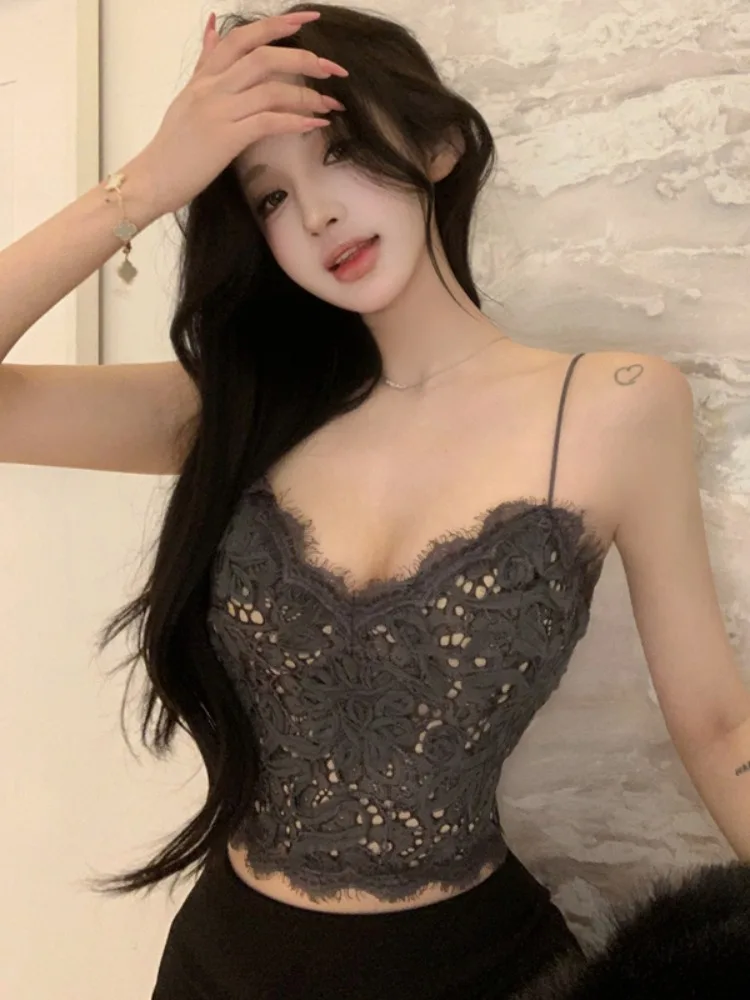 

Pure Desire Sexy Lace Crop Top Women's Sleeveless Vest Heavy Embroidery Short Style Fashionable Inner Wear Gray Slim Fit