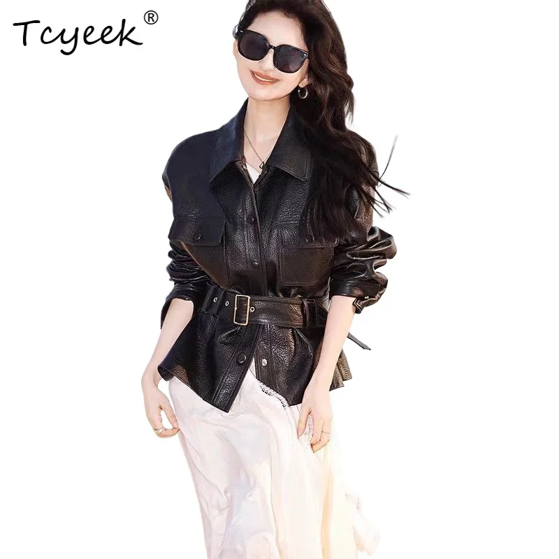 Tcyeek peau De mouton printemps automne haut De gamme à la mode revers noir femmes veste en cuir véritable Jaqueta De Couro légitime Feminina