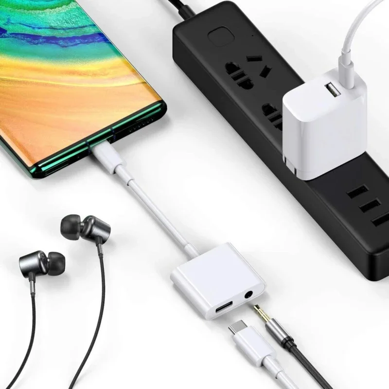 نوع USB من C إلى 8000 Aux محول الصوت ، شحن سماعة رأس لهواتف هواوي ، و شومي ، و S8 ، و S9 ، و S10 ، و A20 ، و A50 ، و A60 ، و A70 ، و A80 ، و A90 ، و Note 10 ، و 20