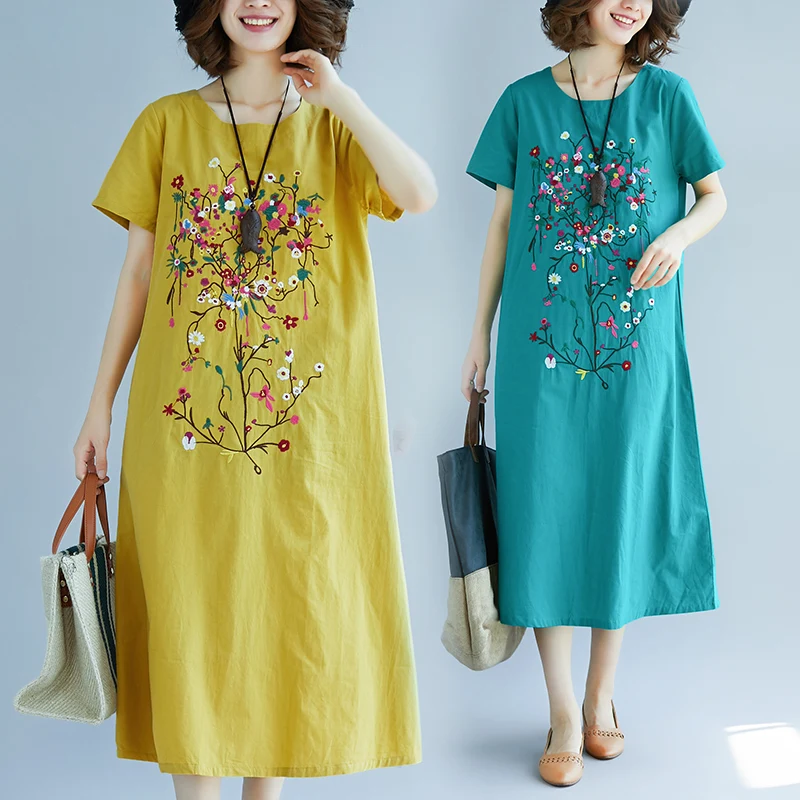 

Summer New Ethnic Embroidered Cotton Lin Women's Vintage Art Loose Casual ort Sve Faionable Midi Dr