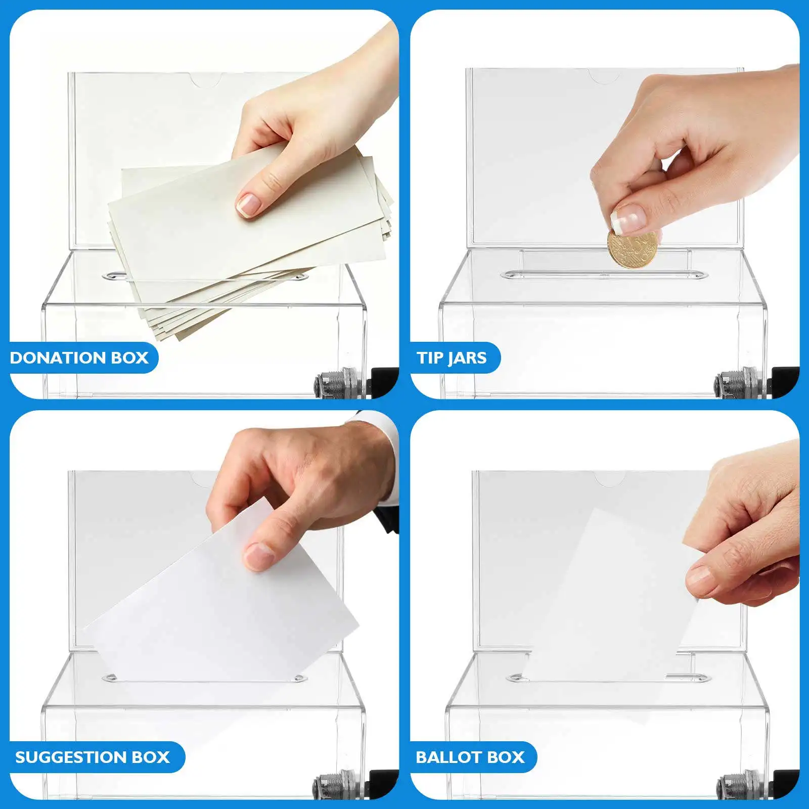 Suggestion Box Clear Acrylic Sturdy Lockable Ballot Case for Fundraising Donation Collection in Office School Restaurant with 2