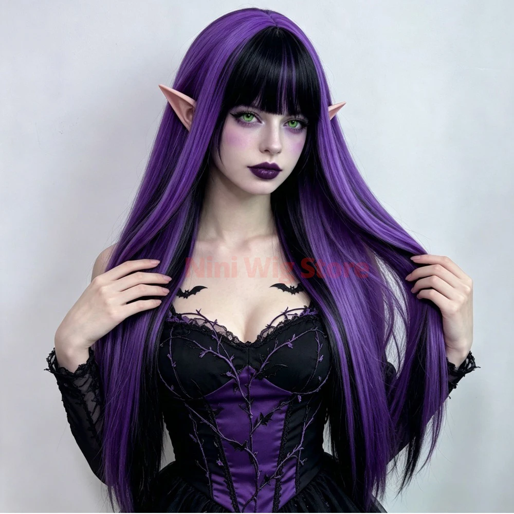 Halloween Wig Purple Black Long Straight Cosplay Synthetic Wig For Women Lolita Halloween Cosplay Party Natural Heat Resistant