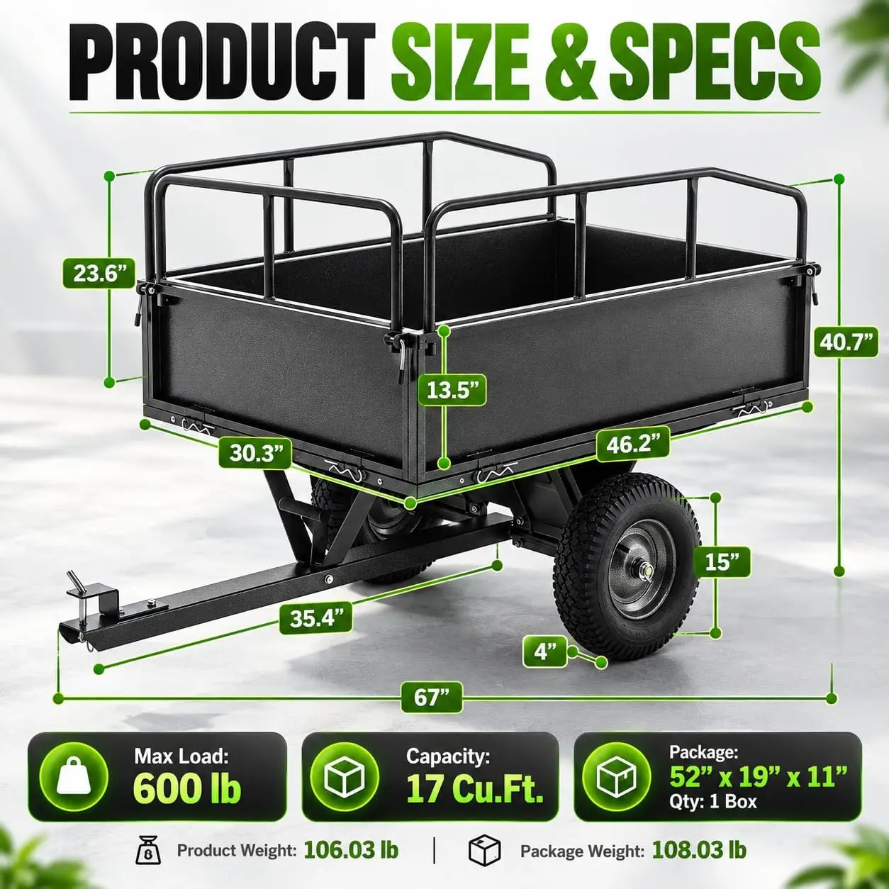 Heavy-Duty Steel Dump Cart Trailer for ATV, 600 lb Capacity, 17 Cu. Ft., Tow-Behind Design